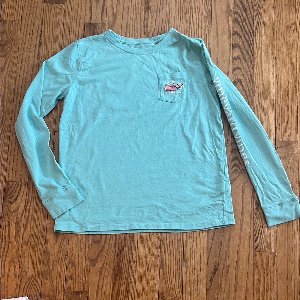 Vineyard Vines Kids Teal Long Sleeve Tee- Ski themed